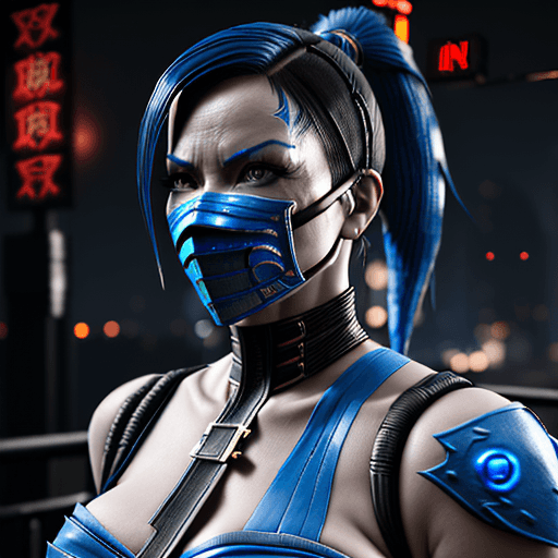 AI generated: Mortal Kombat Kitana, cyberpunk, outdoor, street, royal blue, hyperrealism, photorealistic, 8k, unre...