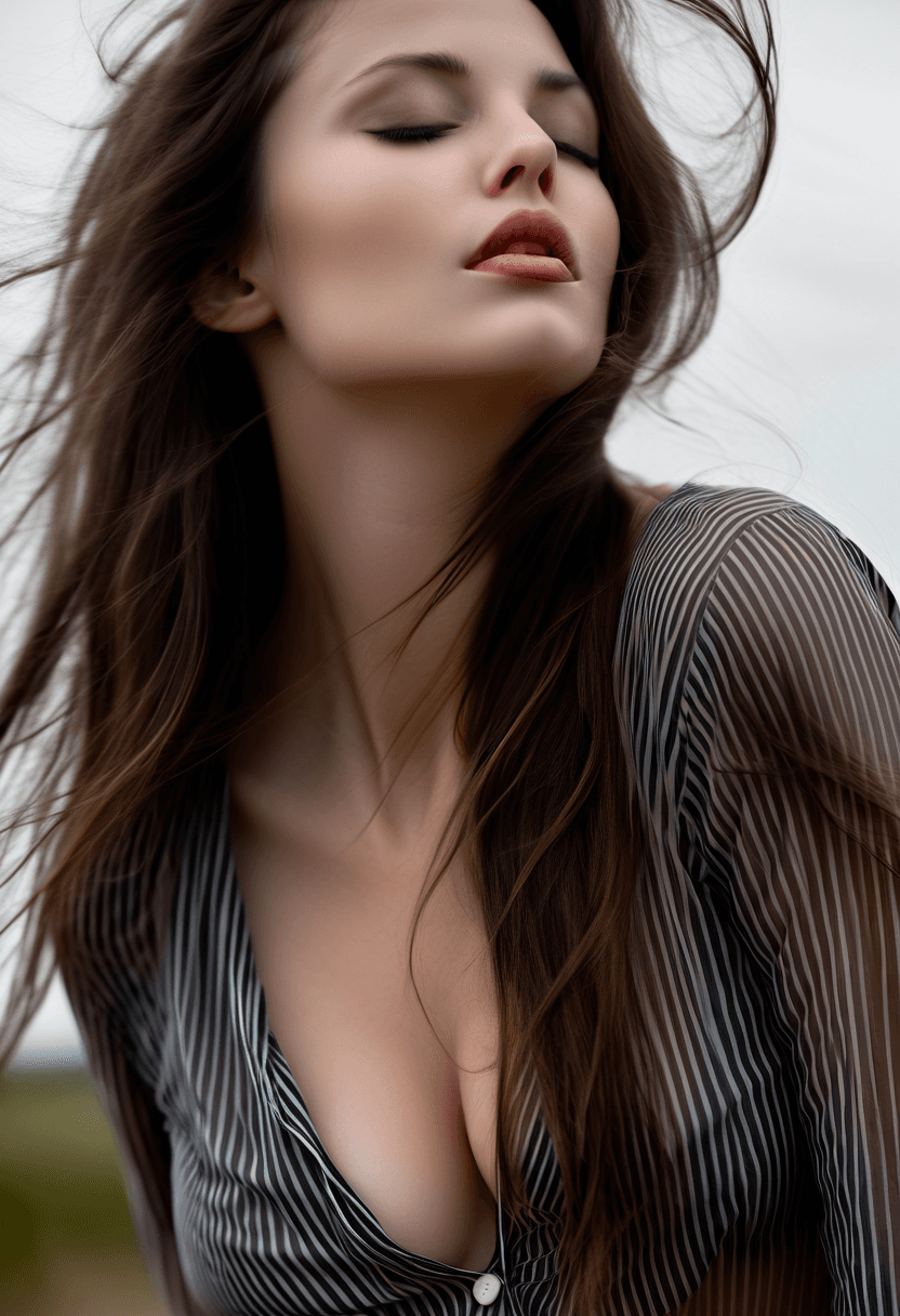 AI generated: photograph of a 29 year old sensual woman head turned to the side and slightly tilted up with her ey...