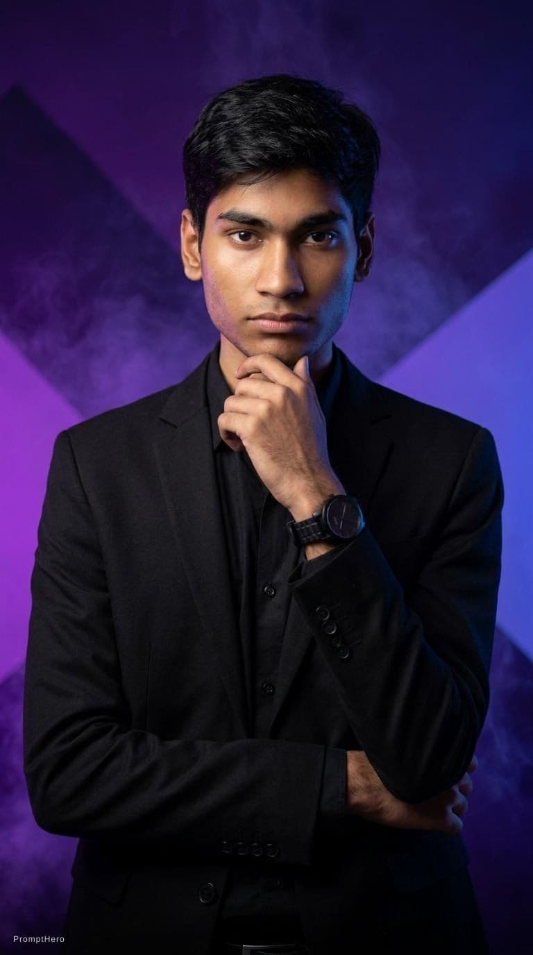 AI generated: Asian malem model, purple and blue background, black clothes --ar 9:16 --s 250