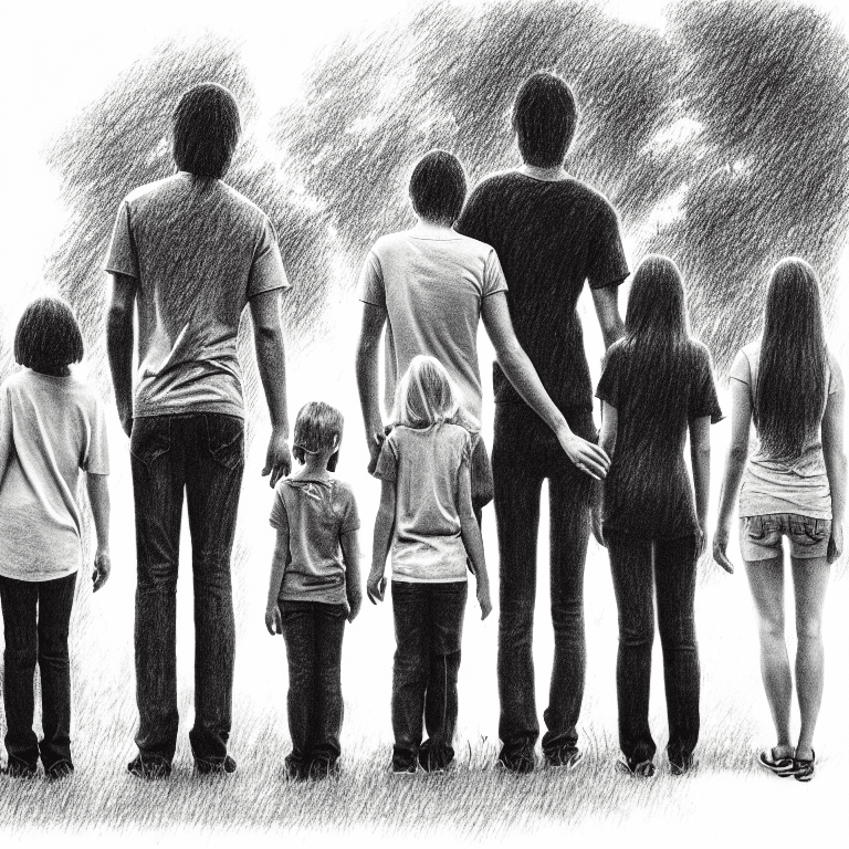 AI generated: Family standing in the park, pencil drawing, very badly designed, paranoid design, inconclusive draw...