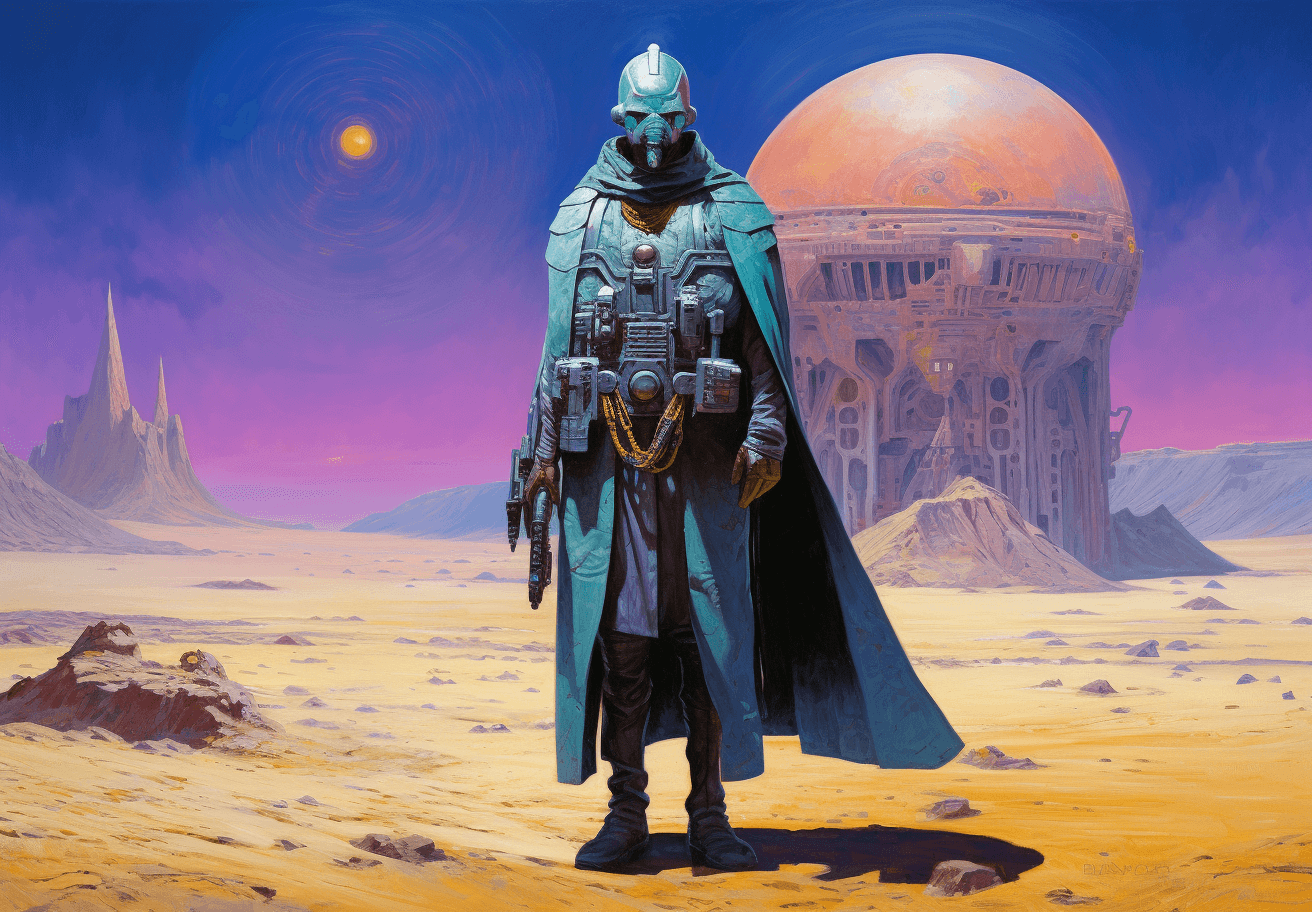 AI generated: Epic painting of an alien cyberpunk futuristic steampunk desert warrior in the style of Jean Giraud ...