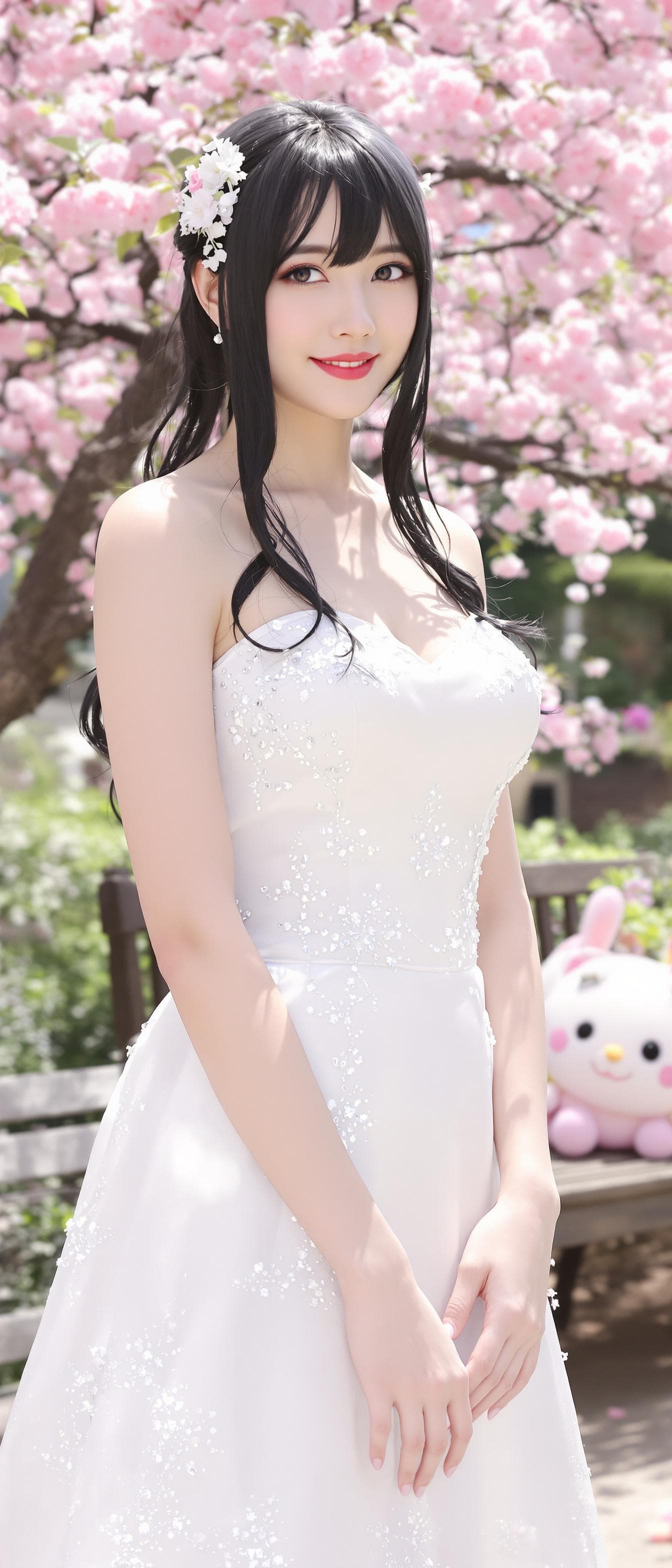 AI generated: a woman, anime realistic, outdoors, garden, cherry blossoms, standing, black hair, multi color hair,...