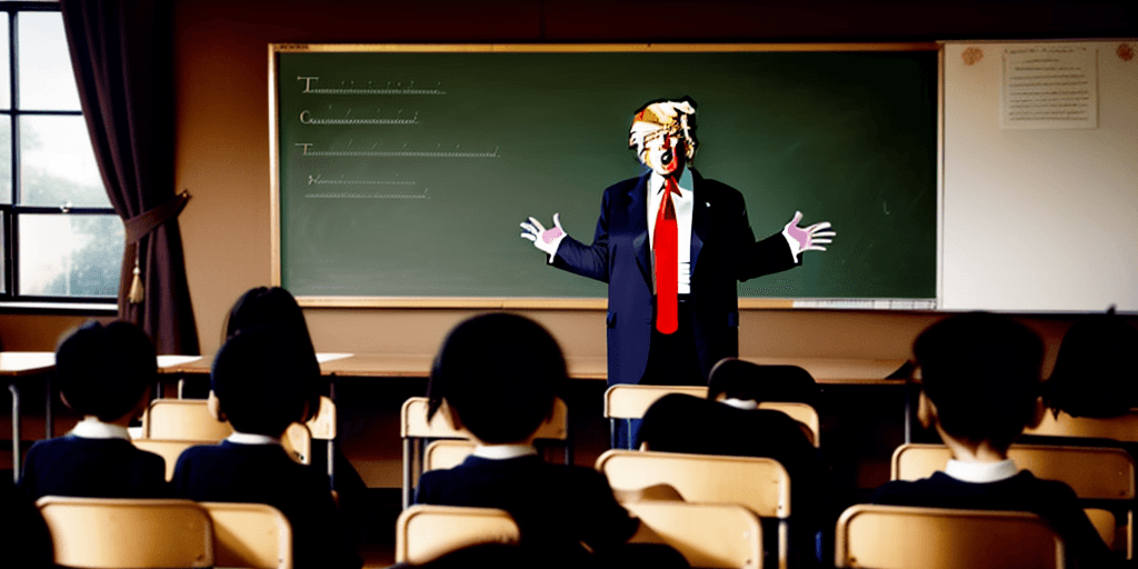 AI generated: Donald Trump teaching global humanities to a classroom of schoolchildren, in the style of edvard mun...