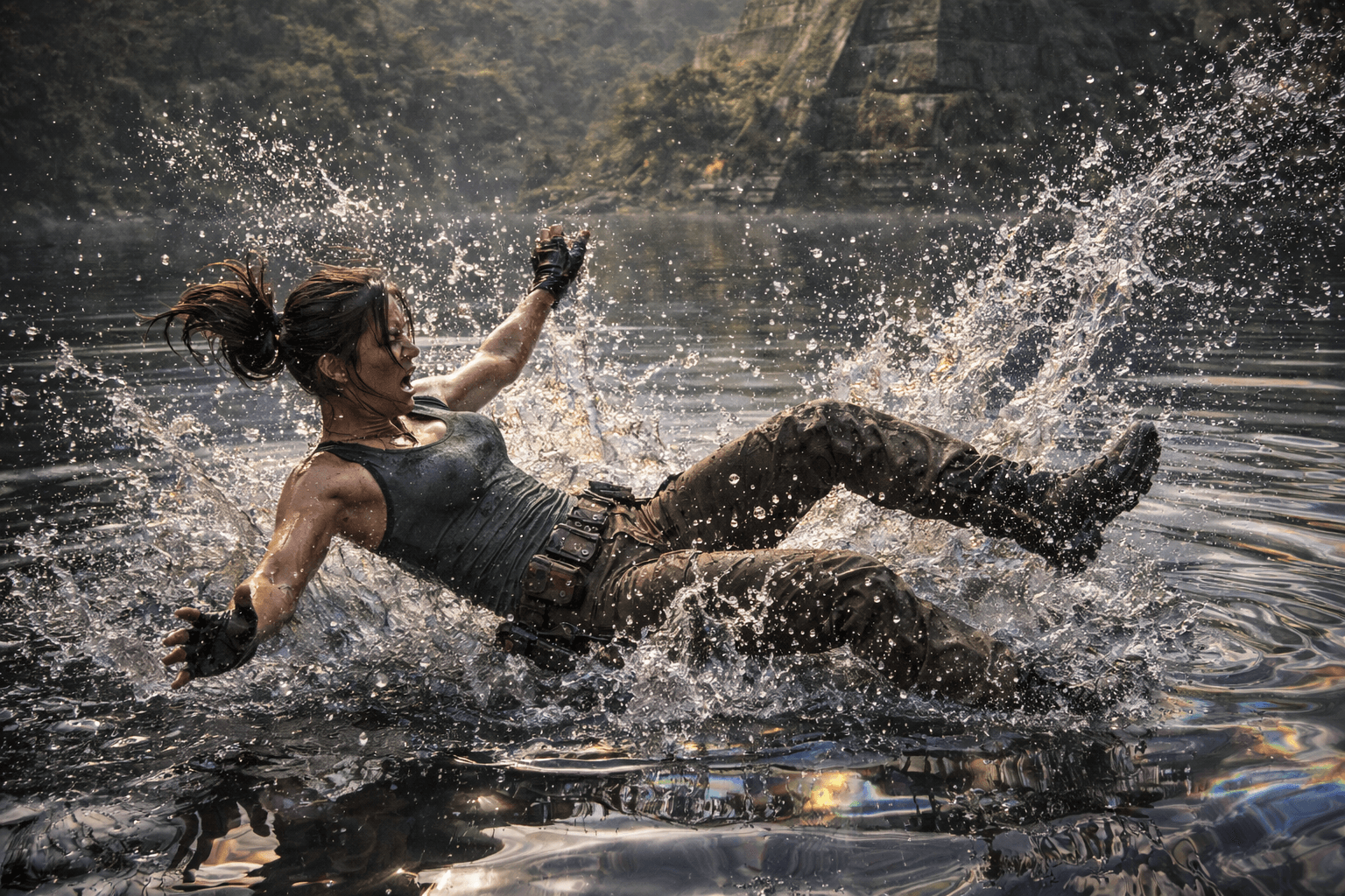 AI generated: A dramatic, freeze-frame action photograph. Lara Croft (modern survival iteration), wearing her sign...