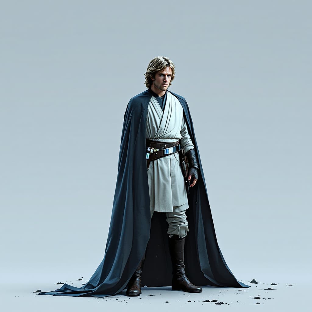 AI generated: Luke Skywalker from the movie “Star Wars” is depicted full-length on a light background. Realistic s...