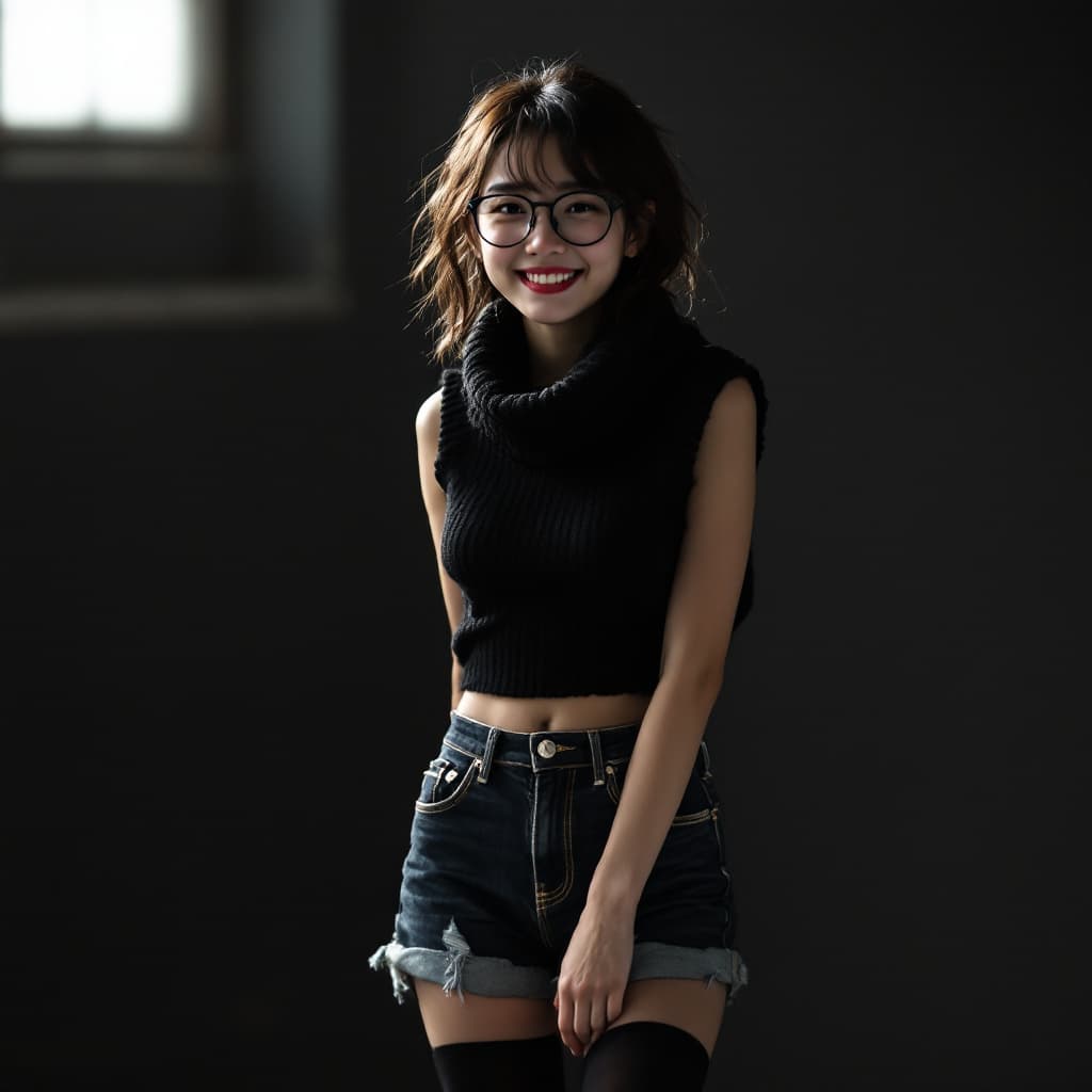 AI generated: a Japanese girl, wearing a dark black tanktop, knitted cowl crop, jean shorts and black tights, shor...