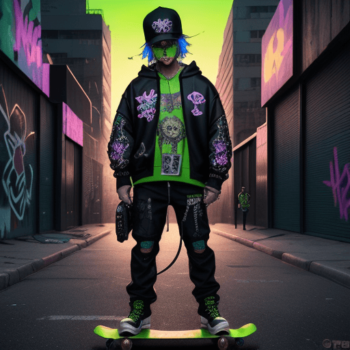 AI generated: Cyberpunk style, a frog (pepe meme coin) standing on a skateboard, wearing a backwards baseball cap ...