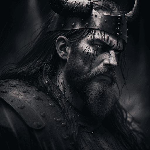 AI generated: A close-up shot of a fierce Viking King, covered in dripping wet black mud, wearing a dark metal hel...
