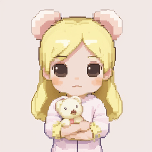 AI generated: "Create a pixel chibi-style illustration of an adorable baby girl with blonde hair, wearing a cute o...