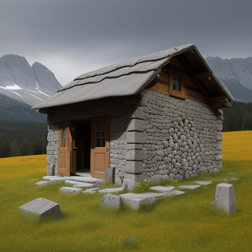 AI generated: a windowless stone hut with a wooden roof in a meadow near the alpine woods. inside the hut which ha...
