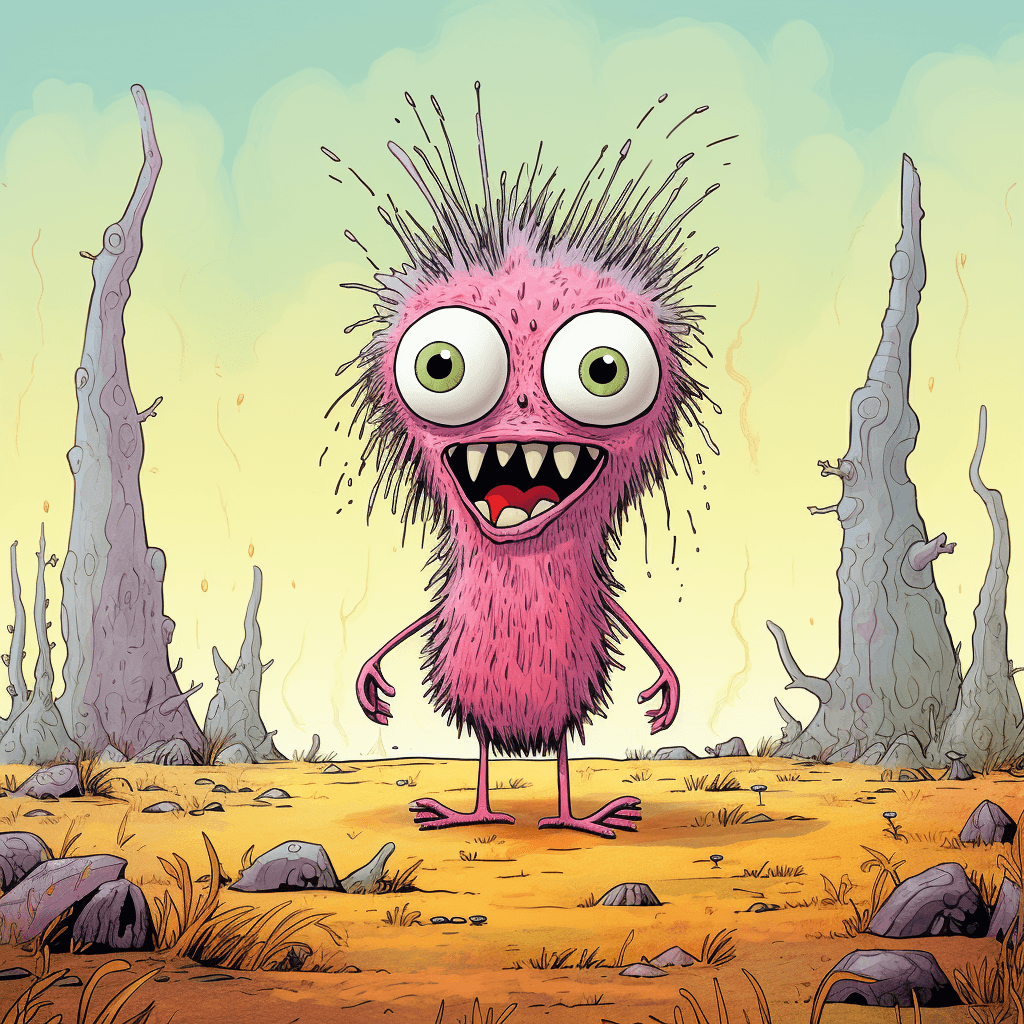 AI generated:  cartoon of a colorful creature, big eyes and big teeth, big tail, light bronze and pink schema, mos...