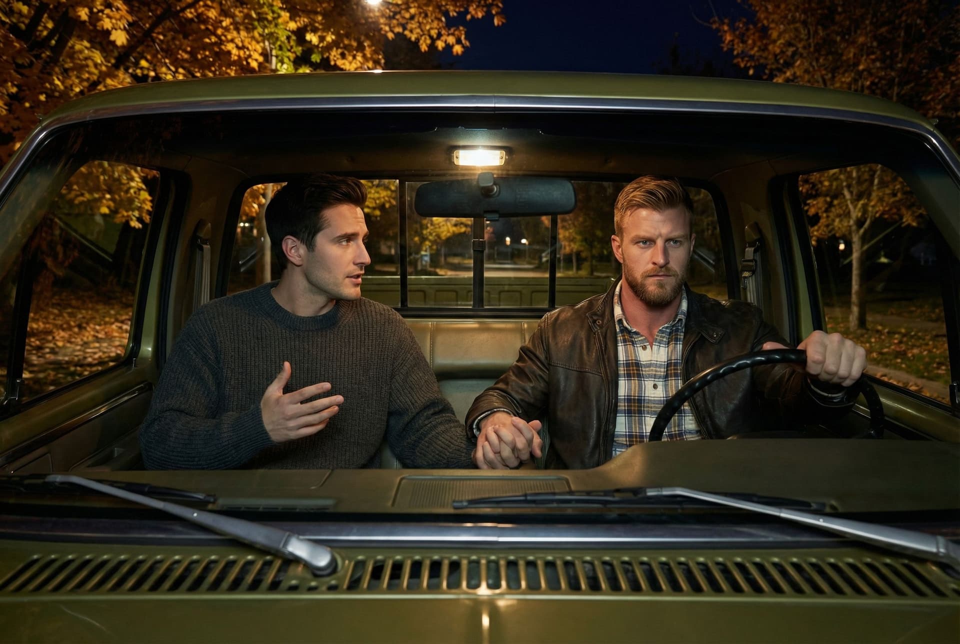 AI generated: In an Autumn night, the model is driving a Ford olive green pick up truck. 

He is driving the pick ...