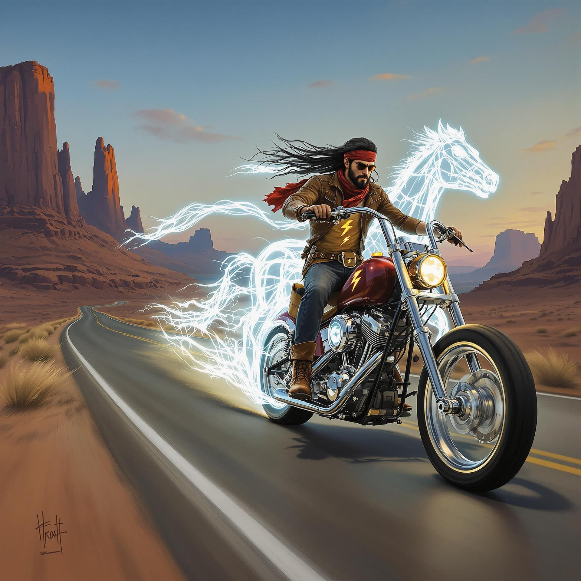 AI generated: "A breathtaking and surreal painting set in a wide-open desert landscape, featuring a lone biker rid...