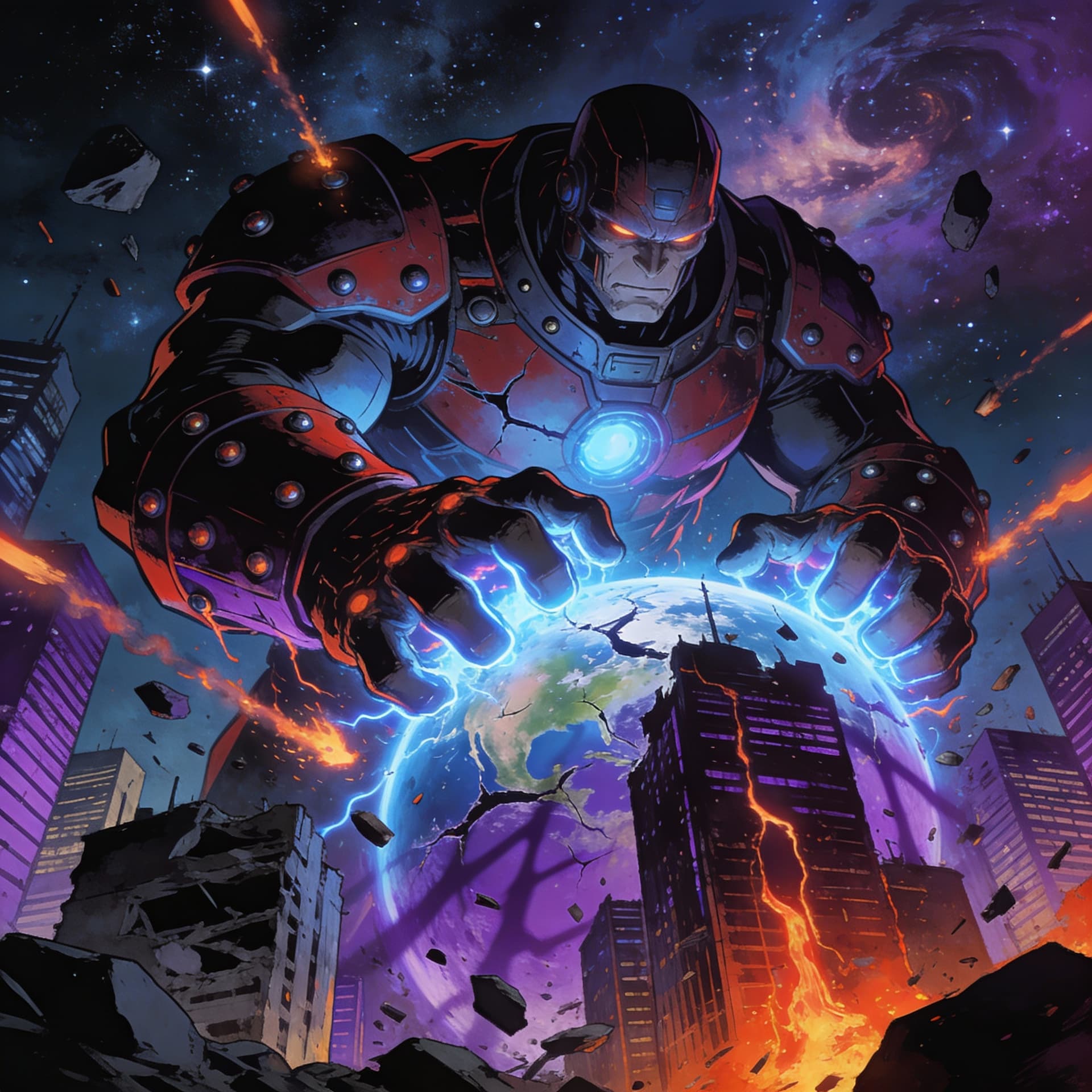 AI generated: galactus looking colossus in shadows with lighted energy neon highlights in his armor. The giant is ...