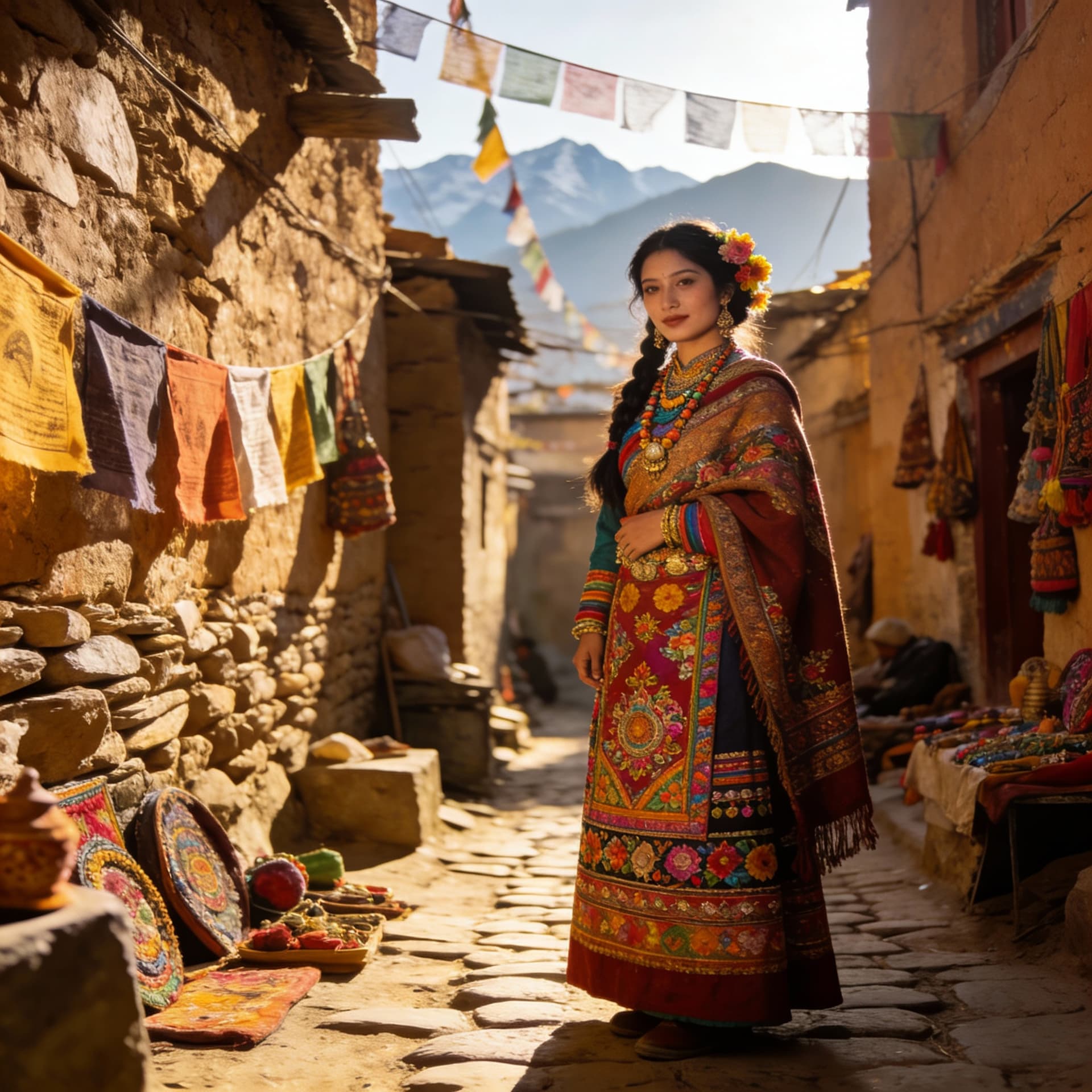 AI generated: a beautiful lady in a traditional costume in the ghetto alley in the Himalaya.