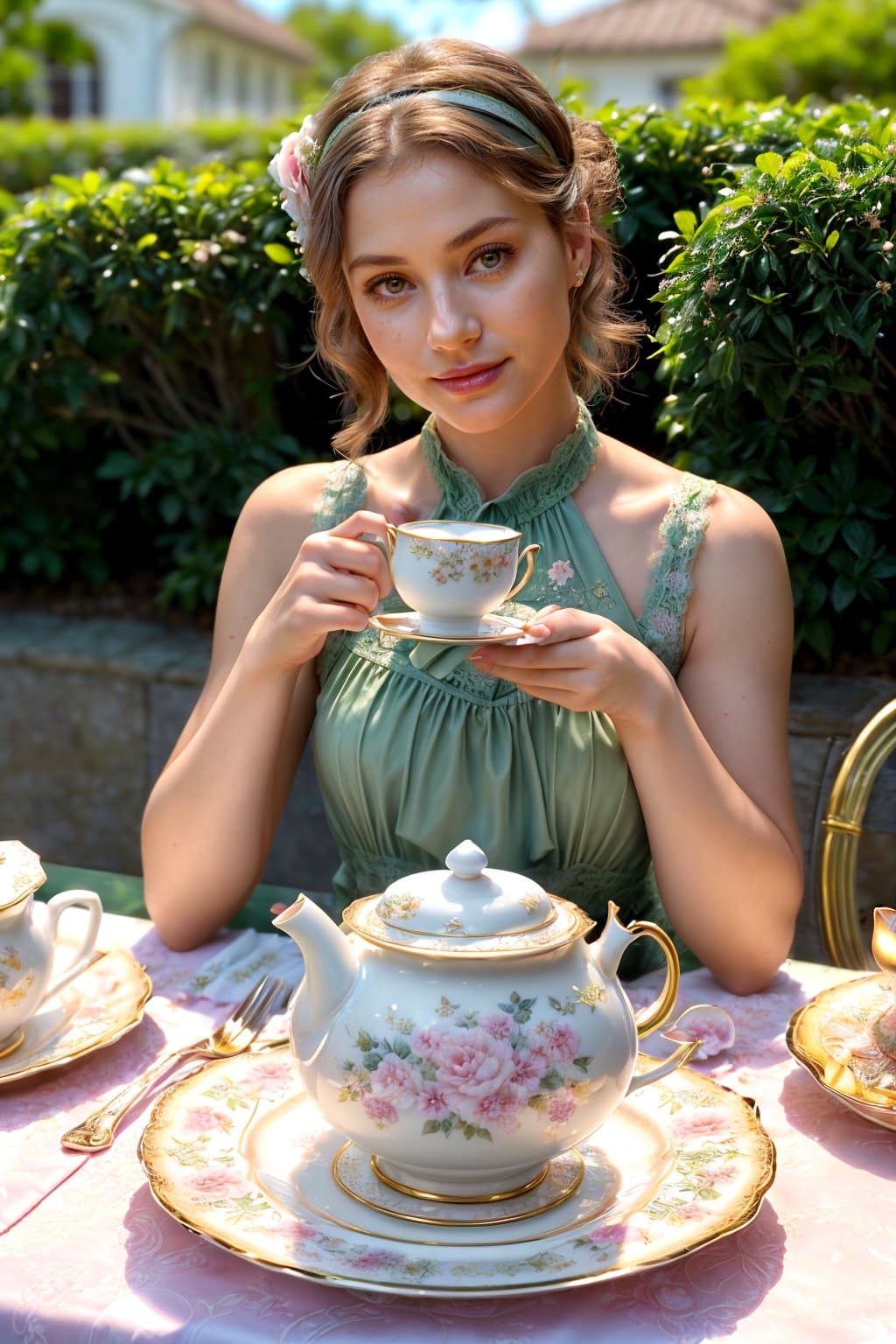 AI generated: action packed, masterpiece, best quality, ultra-detailed, 1 girl sitting at a table, serene smile, b...