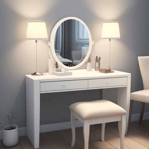 AI generated: modern white wooden dressing table with cozy chair, daylight, mirror with lamps, cozy atmosphere, re...