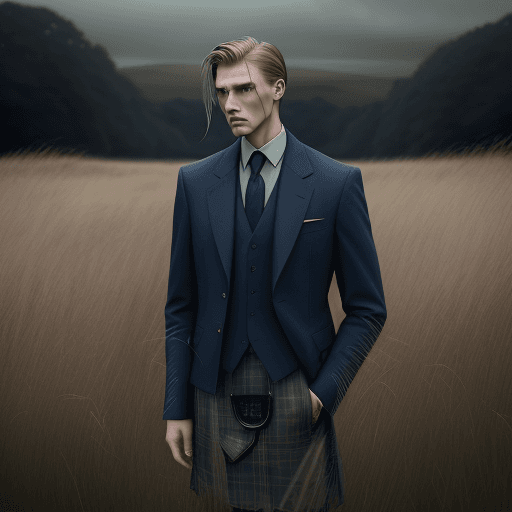 AI generated: a man stands with his head down in some tall grass, in the style of fashion photography, scottish la...