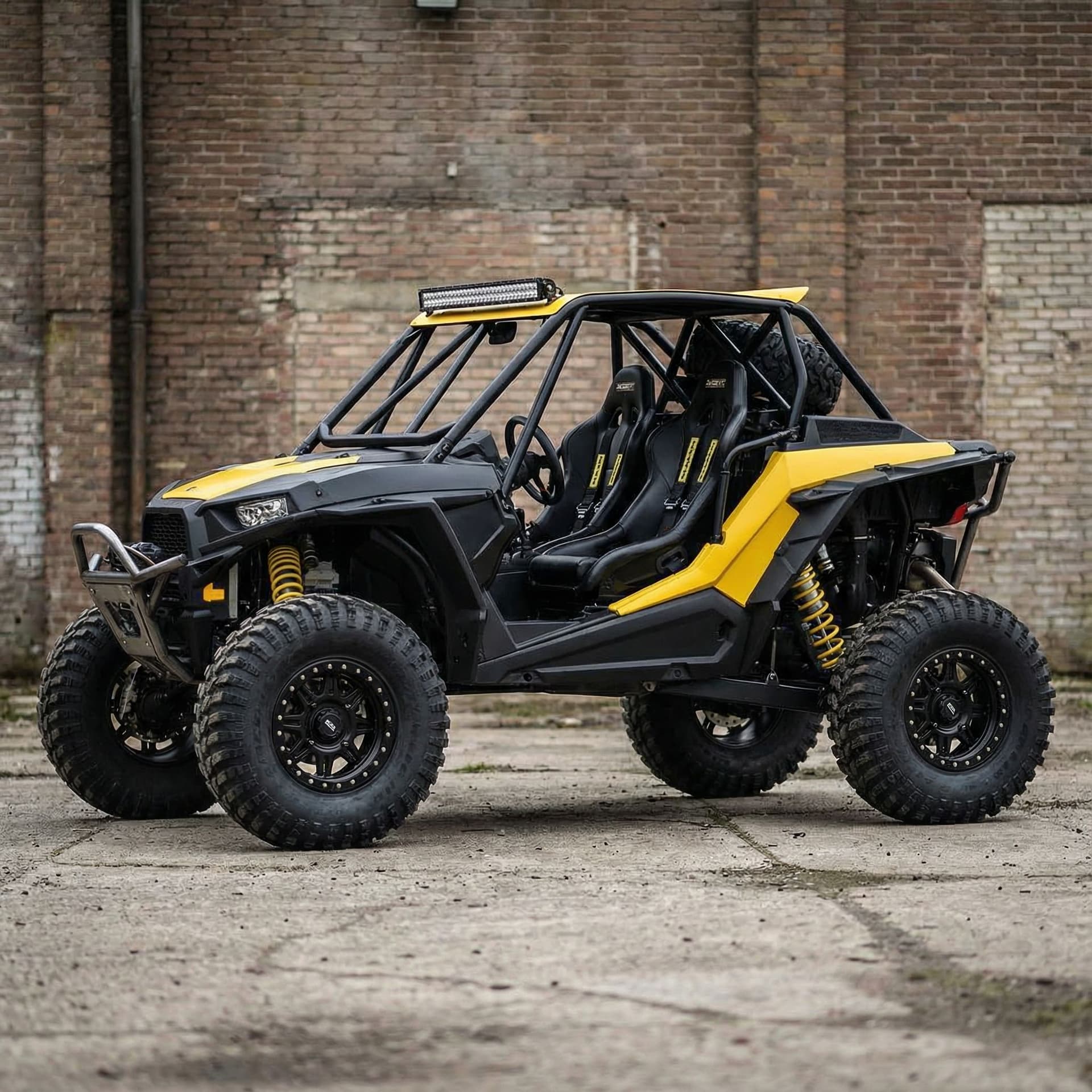 AI generated: High-performance off-road UTV / buggy (side-by-side), aggressive sport design, yellow and matte blac...