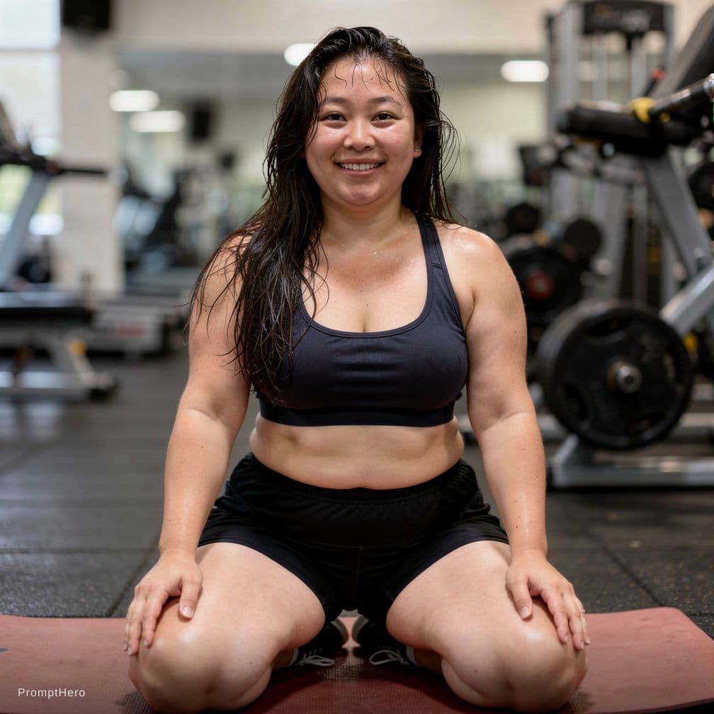AI generated: Produce a photorealistic, candid, unplanned and sloppy gym photo of a 4'10", average-looking (averag...