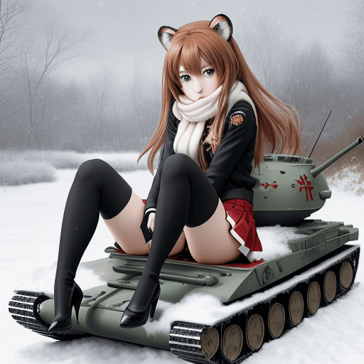 AI generated: taiga aisaka, anime, sit on realistic tank and hug gun turret, winter red school uniform, long hair,...