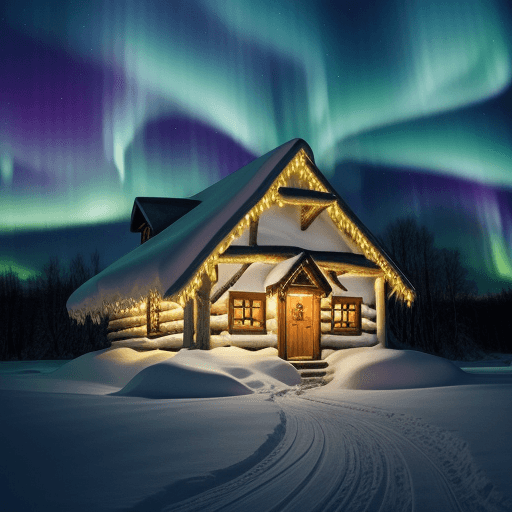 AI generated: photography of a fairytale hut, magically beautiful northern lights, brilliant white snow 