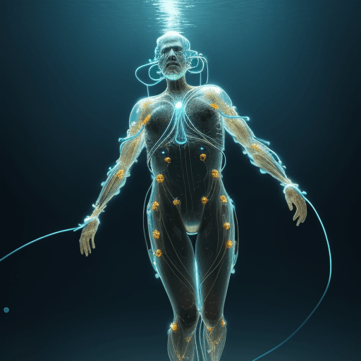 AI generated: a old man with multiple wires attached to head, (((full body))), active pose, low angle, wide angle,...