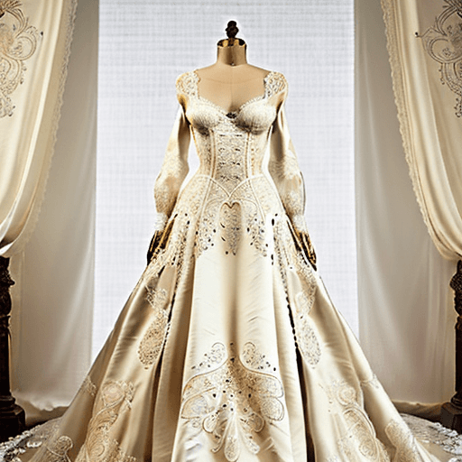 AI generated: Vintage, romantic, and delicate designer lace wedding gowns with intricate embroidery and pearl acce...