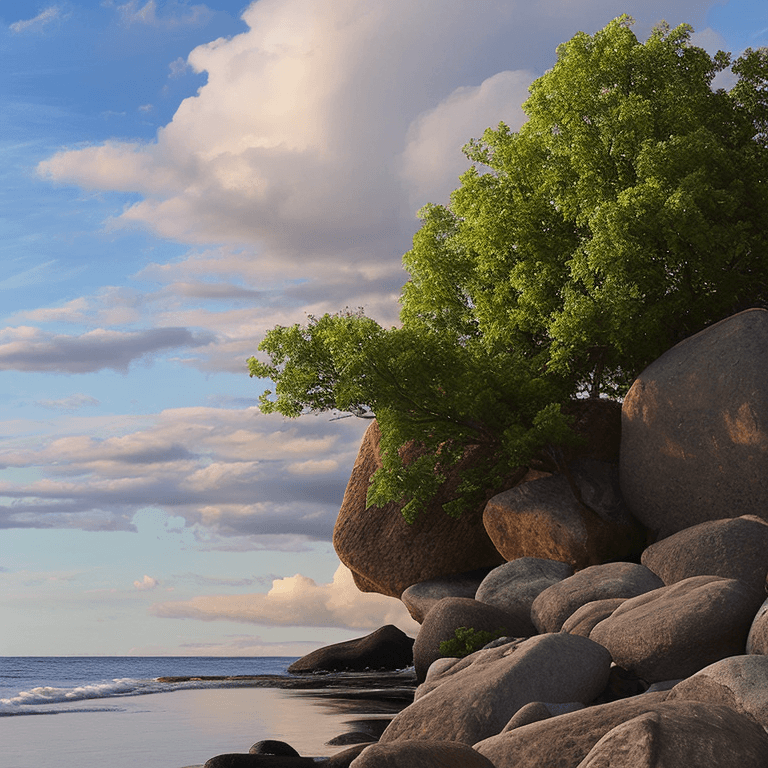 AI generated: photorealistic oil on canvas,
sparse clouds in a soaring sky, 
small trees ,small rocks, beach,
beau...