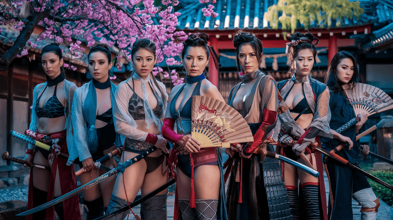 AI generated: "A group of seven fierce, asian superheroines standing together in a serene feudal Japanese village,...