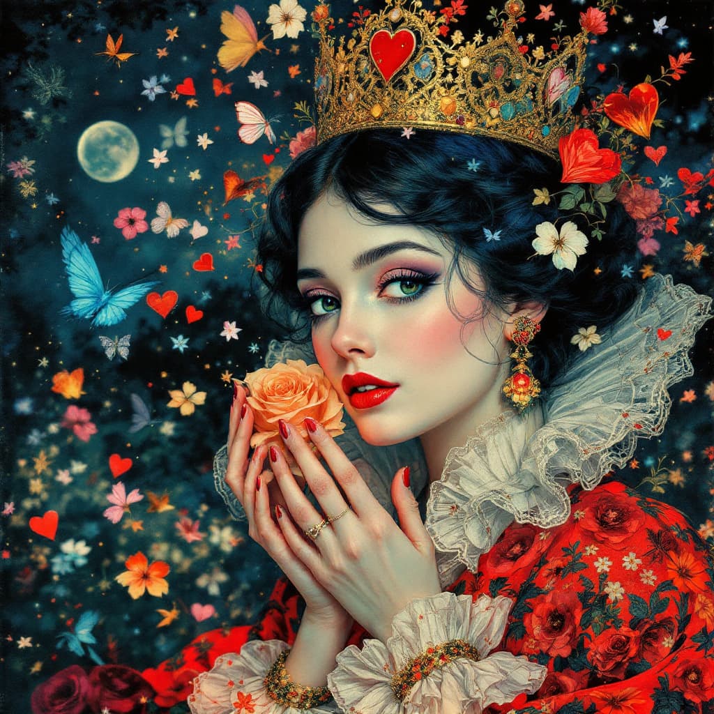 AI generated: Mail art, double exposure effect. Mary Blair, Edmund Dulac, Fragonard, fairytale, dreamland. Christo...