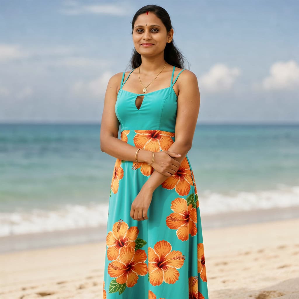AI generated: beautiful summer girly outfit, curvy girl body, wide hips, Round 36D size chest, a brown and white p...