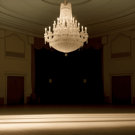 AI generated: a chandelier in a completely empty ballroom with the shadows of the last dancers with no other light...