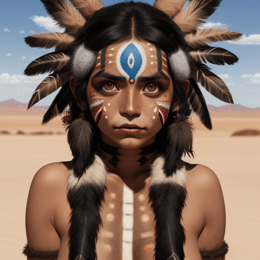 AI generated: High resolution photography Image of a young indigenous woman, with face paint, black hair, brown bi...