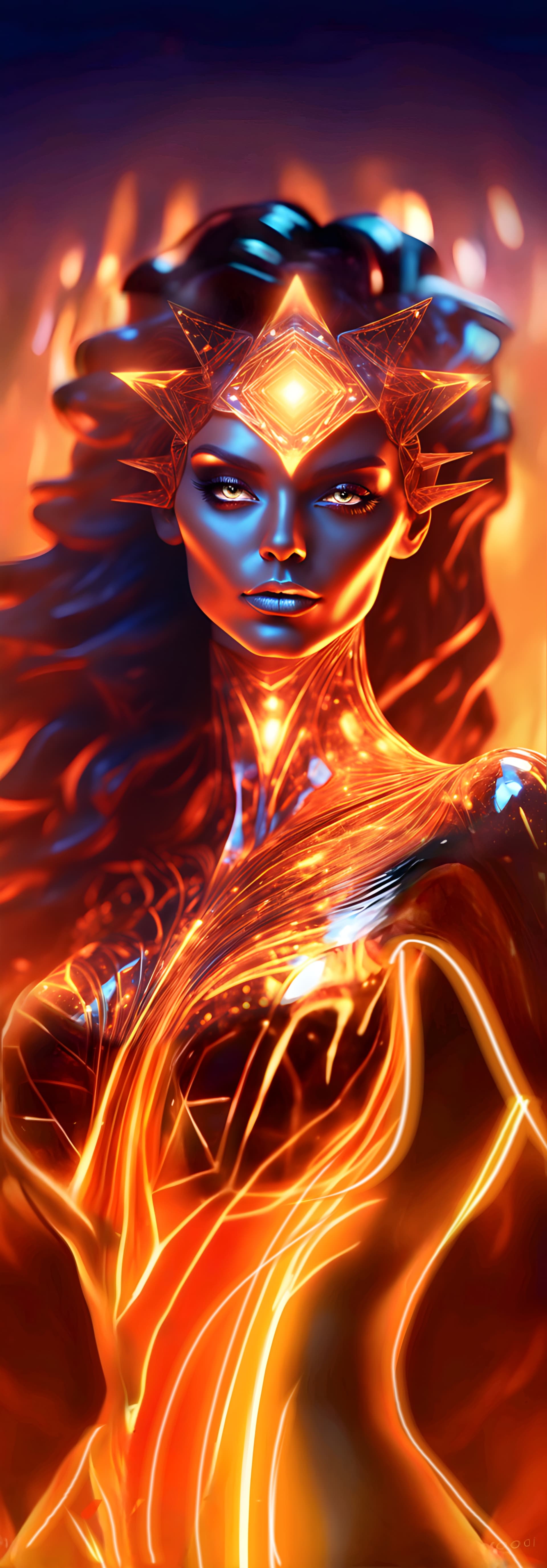 AI generated: Incredible angle view of a beautiful full body translucent driada enchantress, bright color, points ...