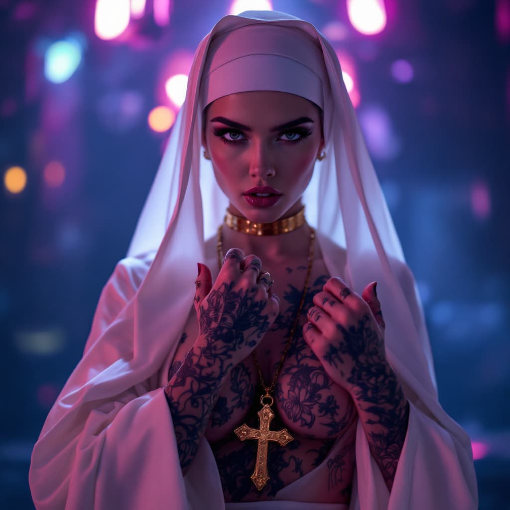 AI generated: Full body view of a young beautiful tattooed nun with a modern twist. She wears traditional nun atti...