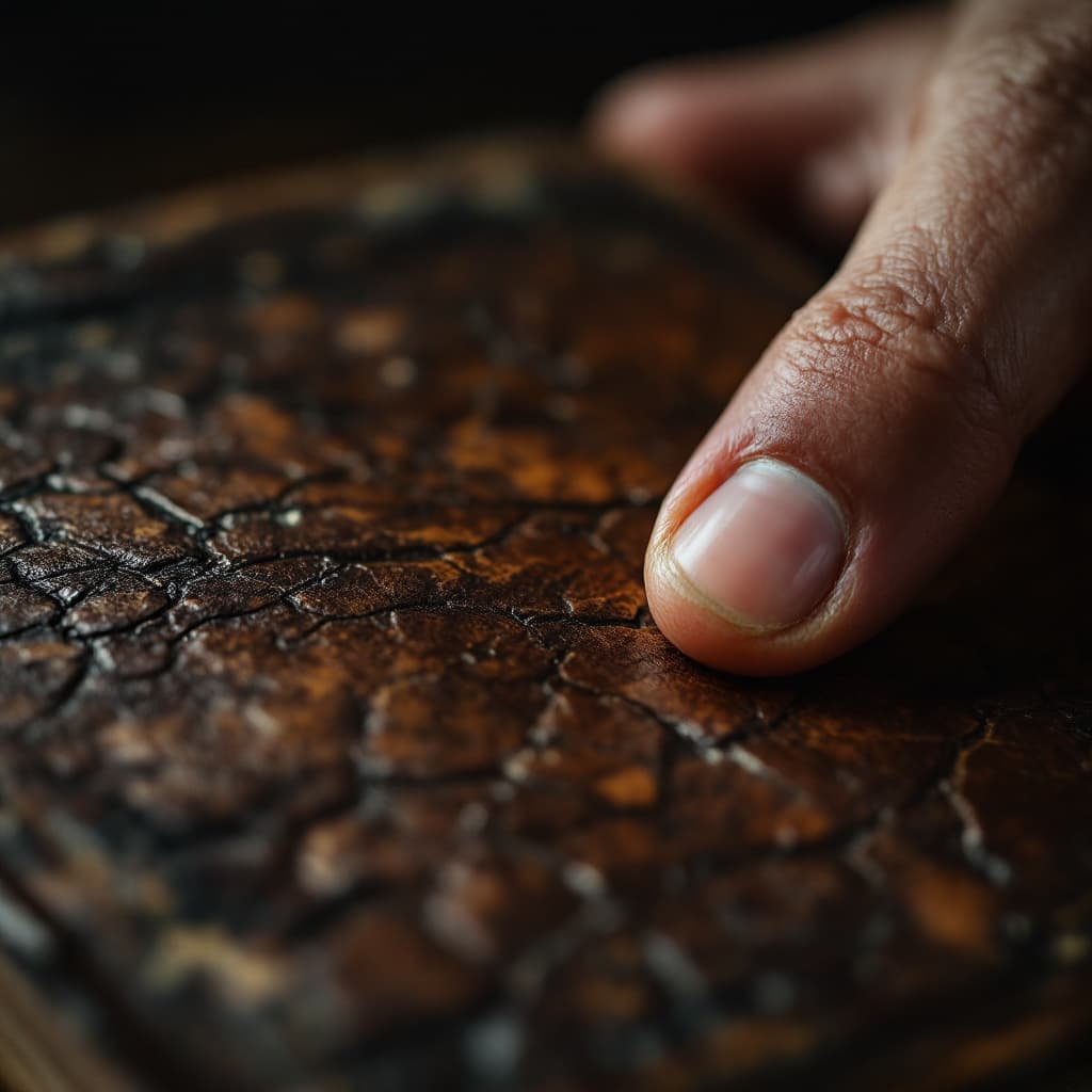 AI generated: close-up of a hand gripping an old leather-bound book, cracked leather texture --v 7 --style histori...