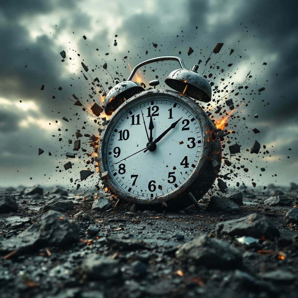 AI generated: A broken clock exploding on the ground, with dark clouds in the background, hyper-realistic photogra...