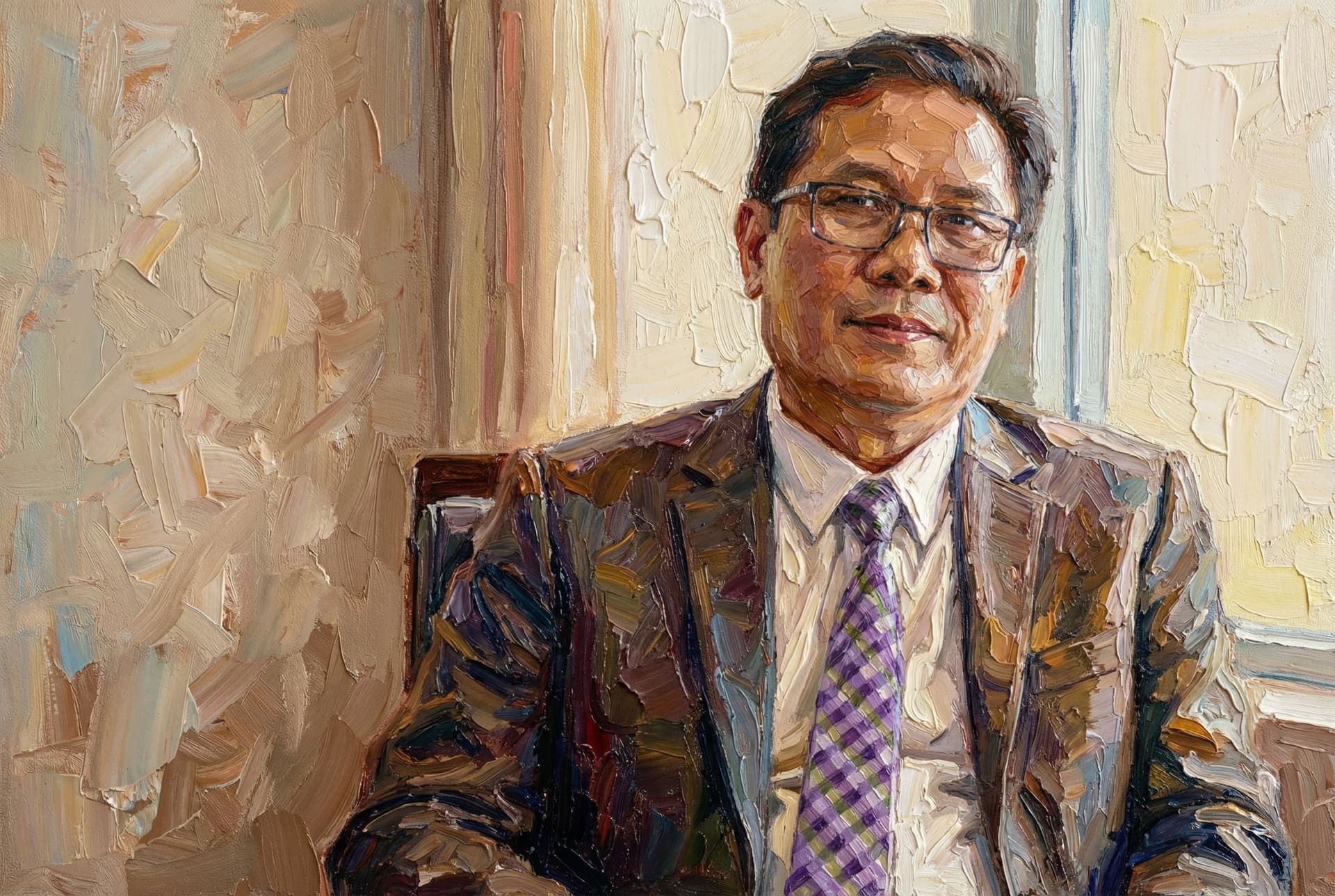 AI generated: a painting of a man (face image provided) sitting near a window,in the style of men ,playfully intri...