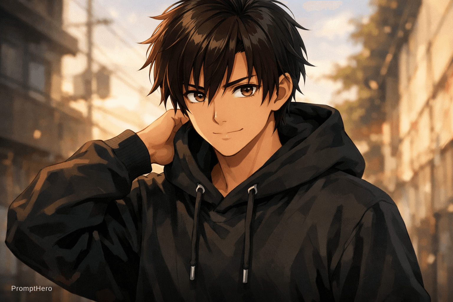 AI generated: Japanese anime artwork featuring male character. he has medium skin tone with dark brown hair and br...