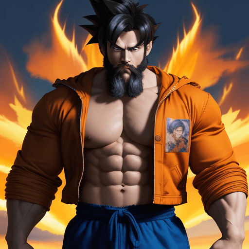 AI generated: (best quality, masterpiece), goku, muscular, looking at viewer, beard, upper body, jacket,