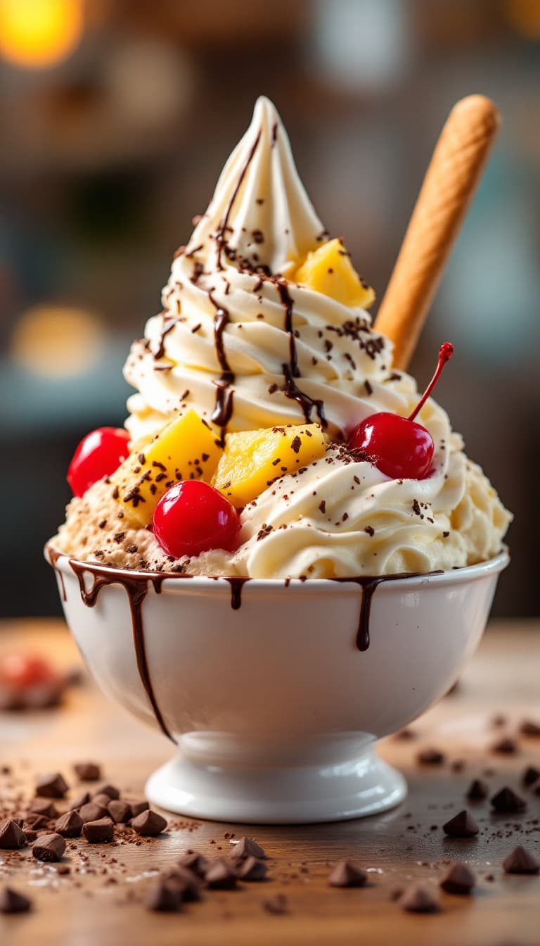 AI generated: bowl of delicious icecream, topped with cream, pineapple, cherries, sprinkeld with chocolate, hi glo...