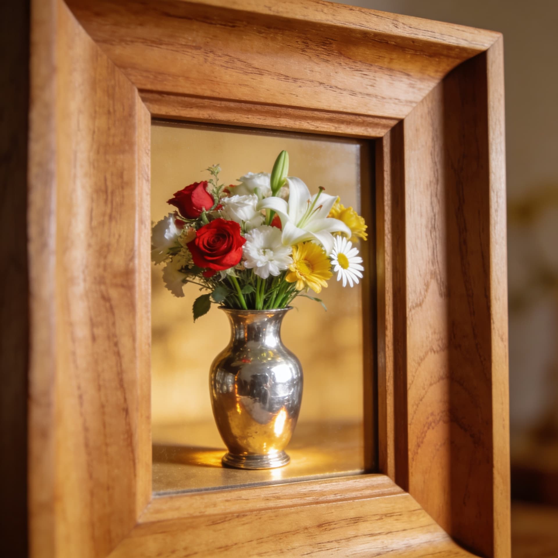 AI generated: A wooden picture frame with a centered image of a metallic vase of flowers