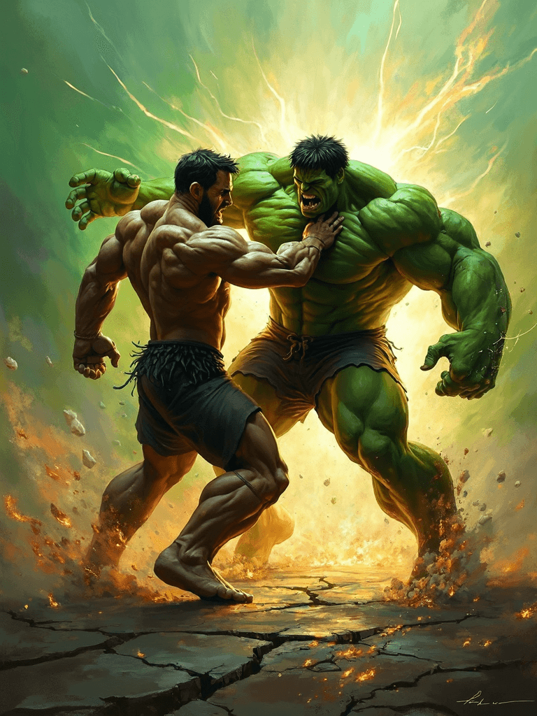 AI generated: An abstract, mythic painting depicting Hercules and the Hulk locked in a ferocious power struggle, t...