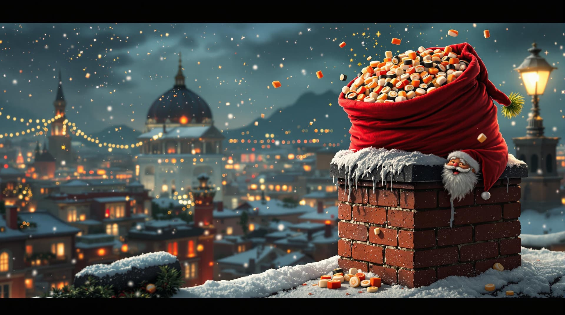 AI generated: Santa Claus with joyfull expression next to a chimney on a rooftop, the chimney is filled with a lar...