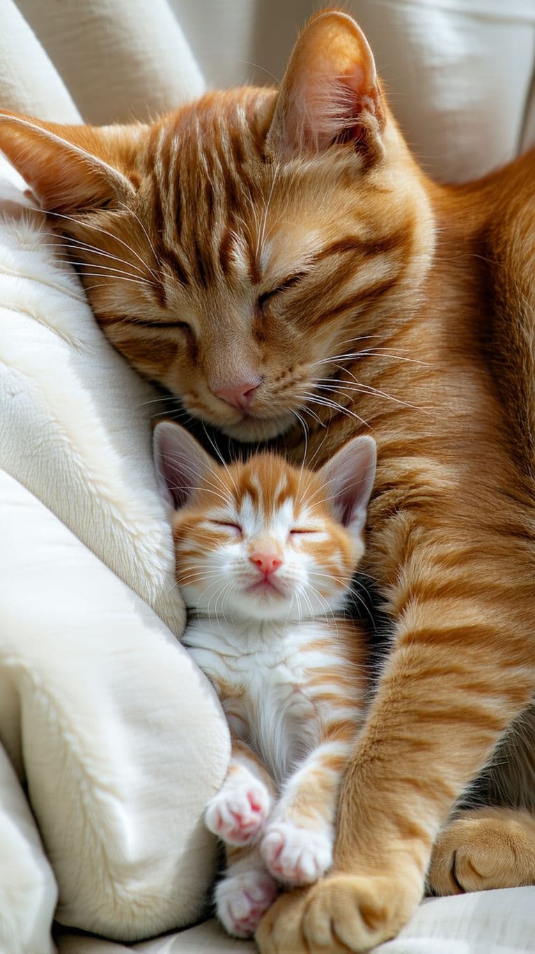 AI generated: Orange wise cuddly 1 year old full grown cute boy ginger orange cat is cuddling with new adopted sis...