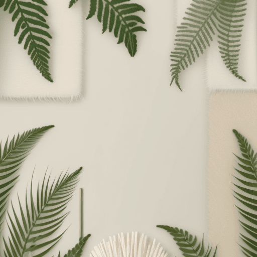 AI generated: Flat lay, materialboard, fern printed wallpaper, fuzzy beig pampas grass