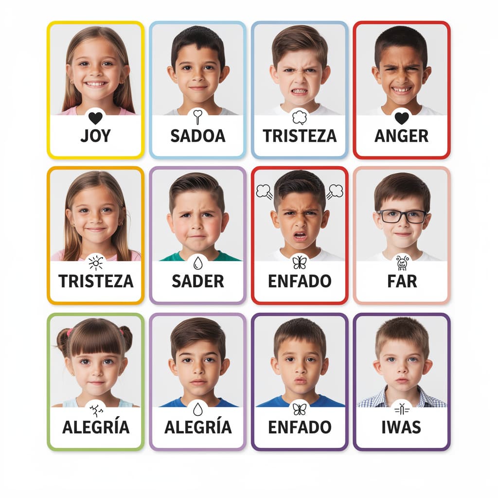 AI generated: Set de 12 tarjetas educativas de emociones para niño autista de 8 años, dispuestas en 3 filas de 4 s...
