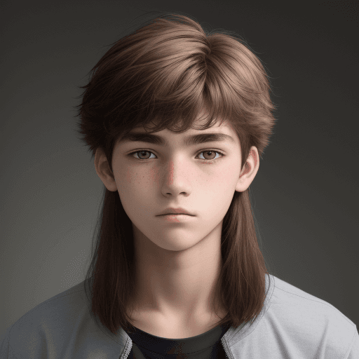 AI generated: Image of a 16-year-old boy with a half-breed face and hair half long 
