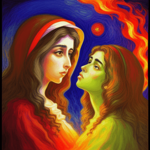 AI generated: mother of jesus, Parallel World, caricature in Claude Monet style, Futuristic, psychedelic, Fire Ton...
